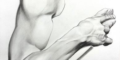 Detailed pencil drawing of a muscular arm and clenched fist.