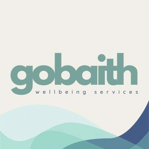 Logo of Gobaith wellbeing services with abstract blue and green waves.
