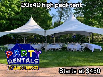 20x40 high peak tent set up with rain gutter installed to prevent weather between tents.