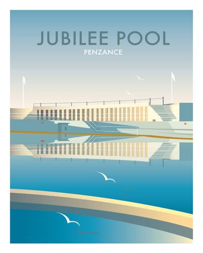 Art Deco design Lido in blue and creme with the words Jubilee Pool Penzance written in the sky.