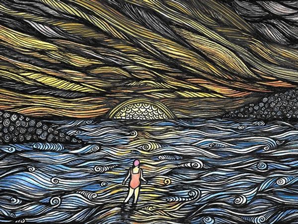Stylised sunrise scene with a small solo figure of a woman ankle deep on the way in for a swim.