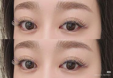 Close-up of eyes with long, curled eyelashes and natural eyebrows.
