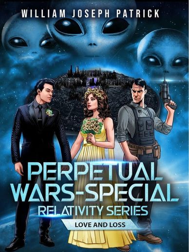 Sci-fi book cover featuring three characters and alien faces.