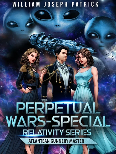Sci-fi book cover featuring three characters and alien faces in space.