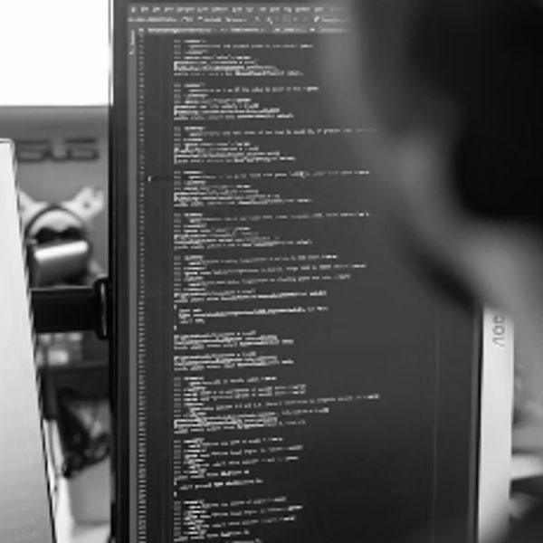 Person coding on a vertical computer monitor.