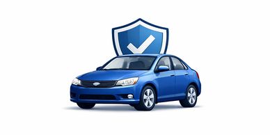 Blue sedan car with a protective shield and checkmark symbol behind it.