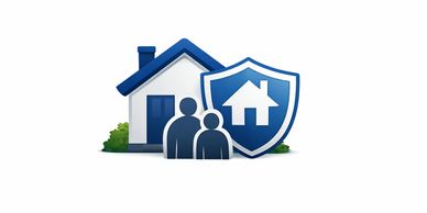A house protected by a shield with a couple standing in front.