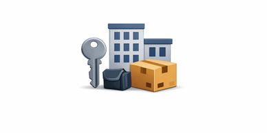 Illustration of a building, a key, a mailbox, and a cardboard box.