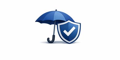 Blue umbrella and shield with a checkmark symbolizing protection.