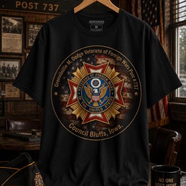 Black t-shirt with Veterans of Foreign Wars emblem from Council Bluffs, Iowa.