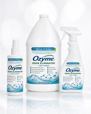 Three bottles of Ozyme odor eliminator for home use.