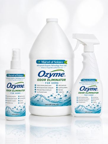 Three Ozyme odor eliminator products for home use.