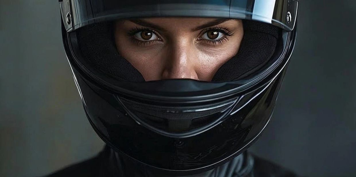 Close-up of a person wearing a black motorcycle helmet.