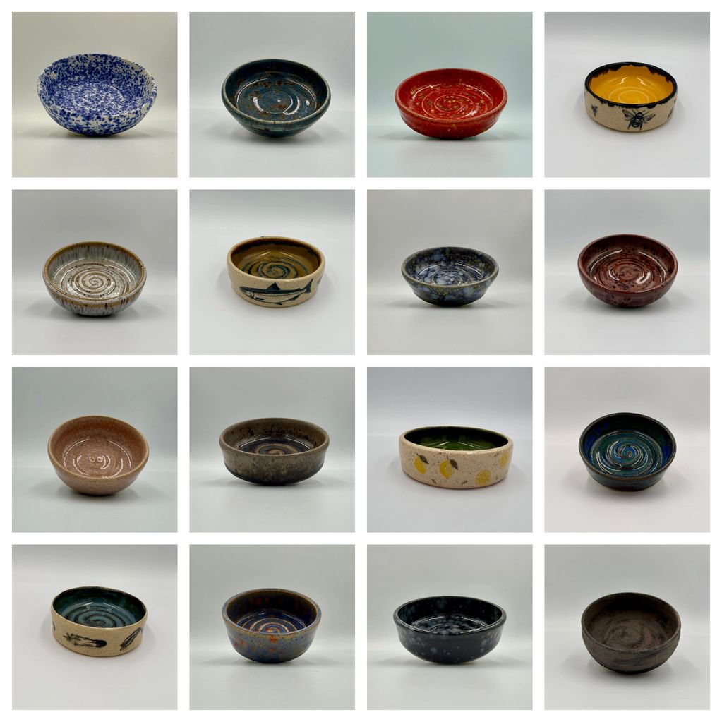 A collage of 16 unique ceramic bowls with various colors and patterns.