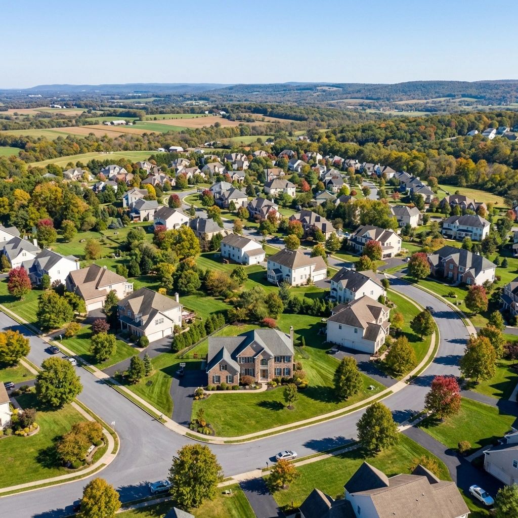 A peaceful suburban neighborhood with houses, trees, and winding roads under a clear blue sky.