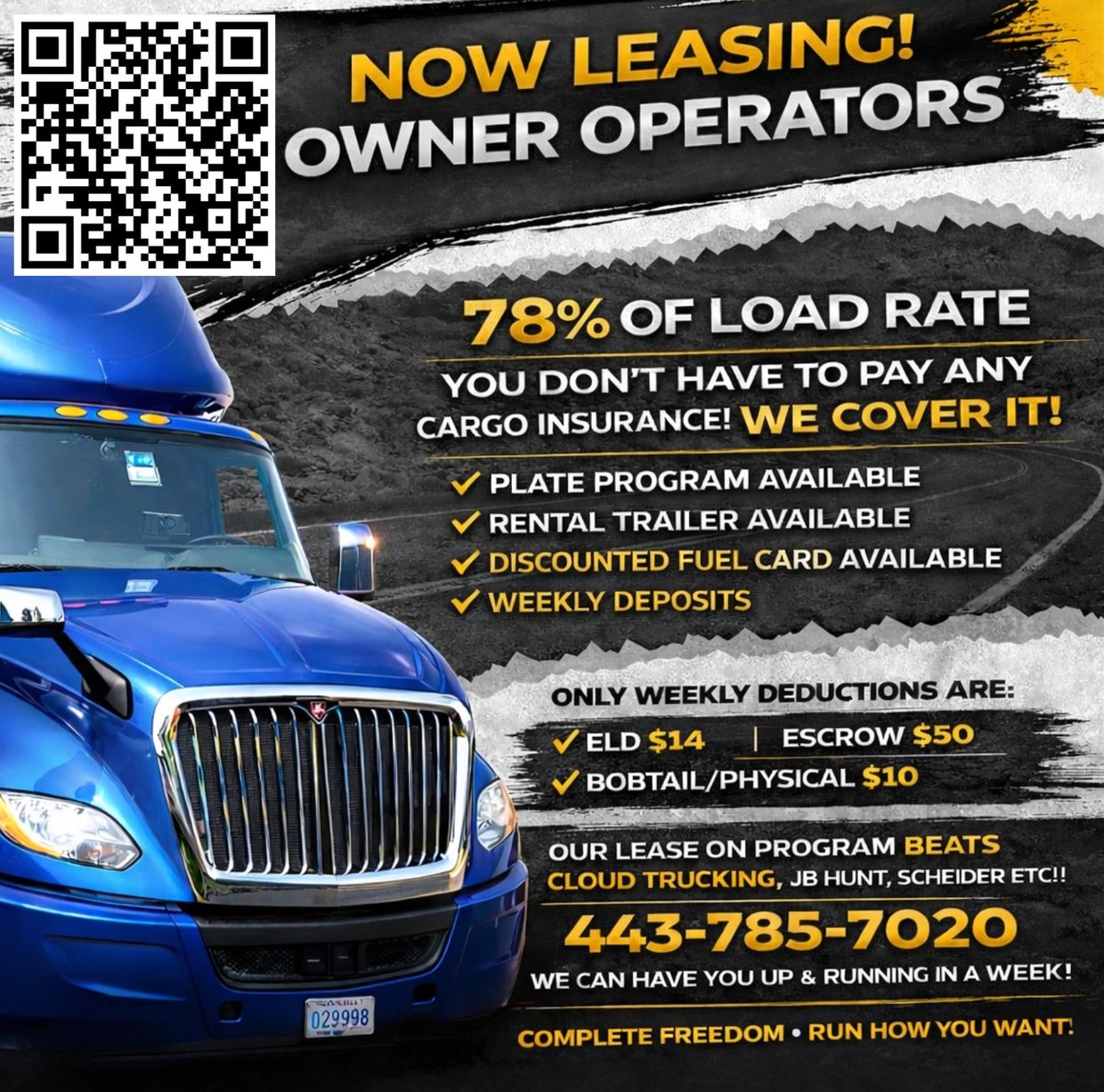 Truck leasing for owner operators with 78% load rate and no cargo insurance payment.