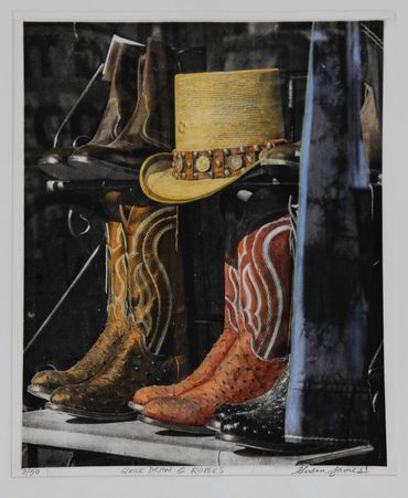 boots hat nashville tennessee photogravure passerina press printmaking