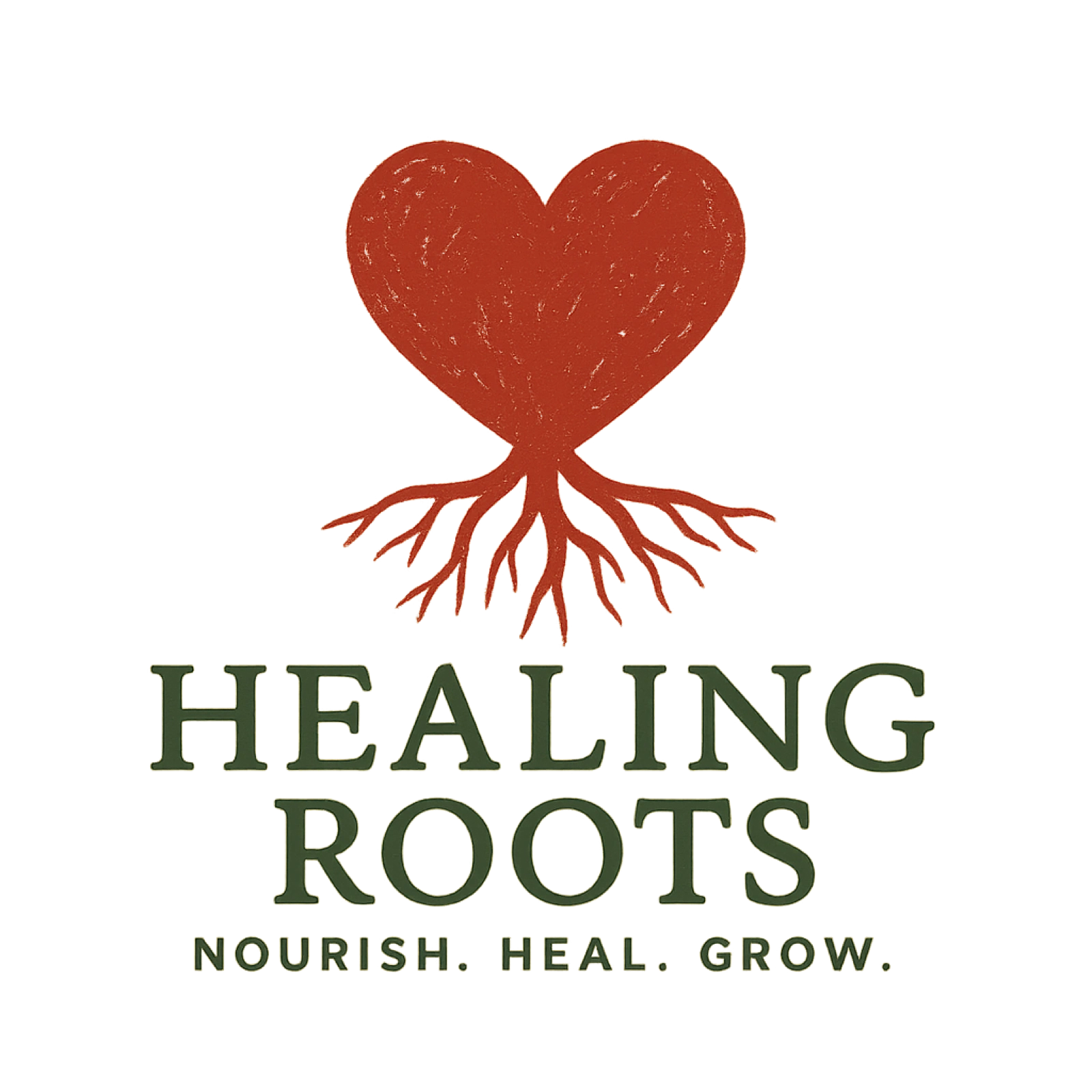 A heart with roots and the phrase Healing Roots: Nourish, Heal, Grow.