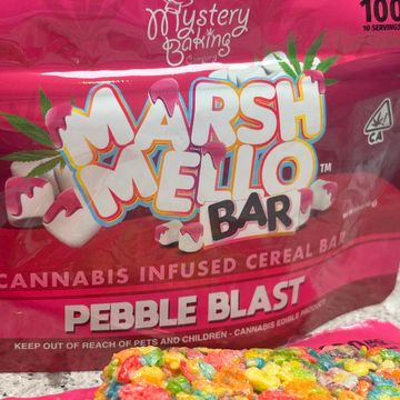 Close-up of a cannabis-infused Marsh Mello Bar with colorful cereal.