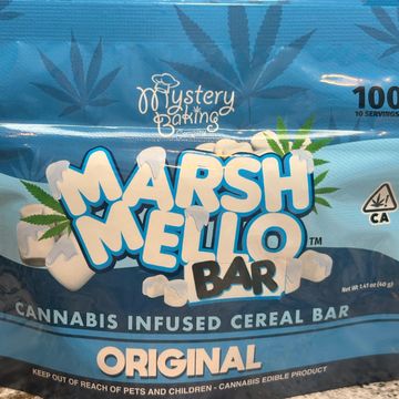 Packaging of a cannabis-infused Marshmello cereal bar.