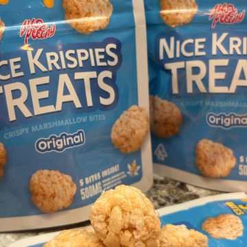 Close-up of Original Rice Krispies Treats packaging with crispy marshmallow bites.