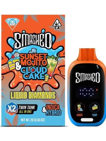Smashed Sunset Mojito &amp; Cloud Cake Liquid Diamonds vape device and packaging.