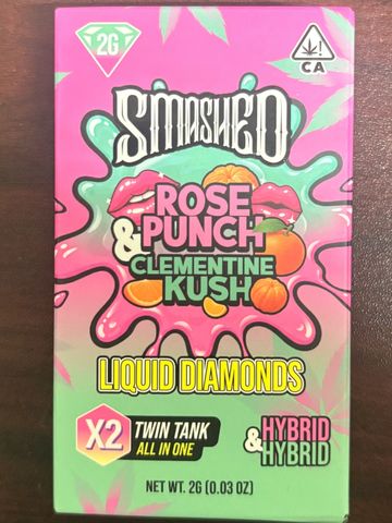 Colorful packaging of Smashed Rose &amp; Punch Clementine Kush Liquid Diamonds cannabis extract.
