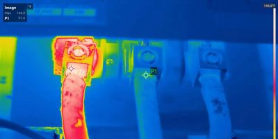 Thermal image showing an overheated red cable among cooler blue cables. 