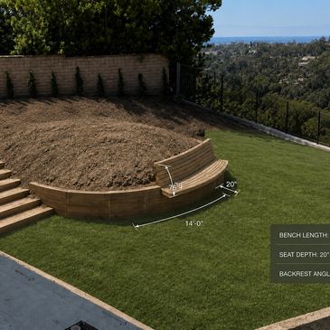 Curved wooden bench on a grassy hill with dimensions.