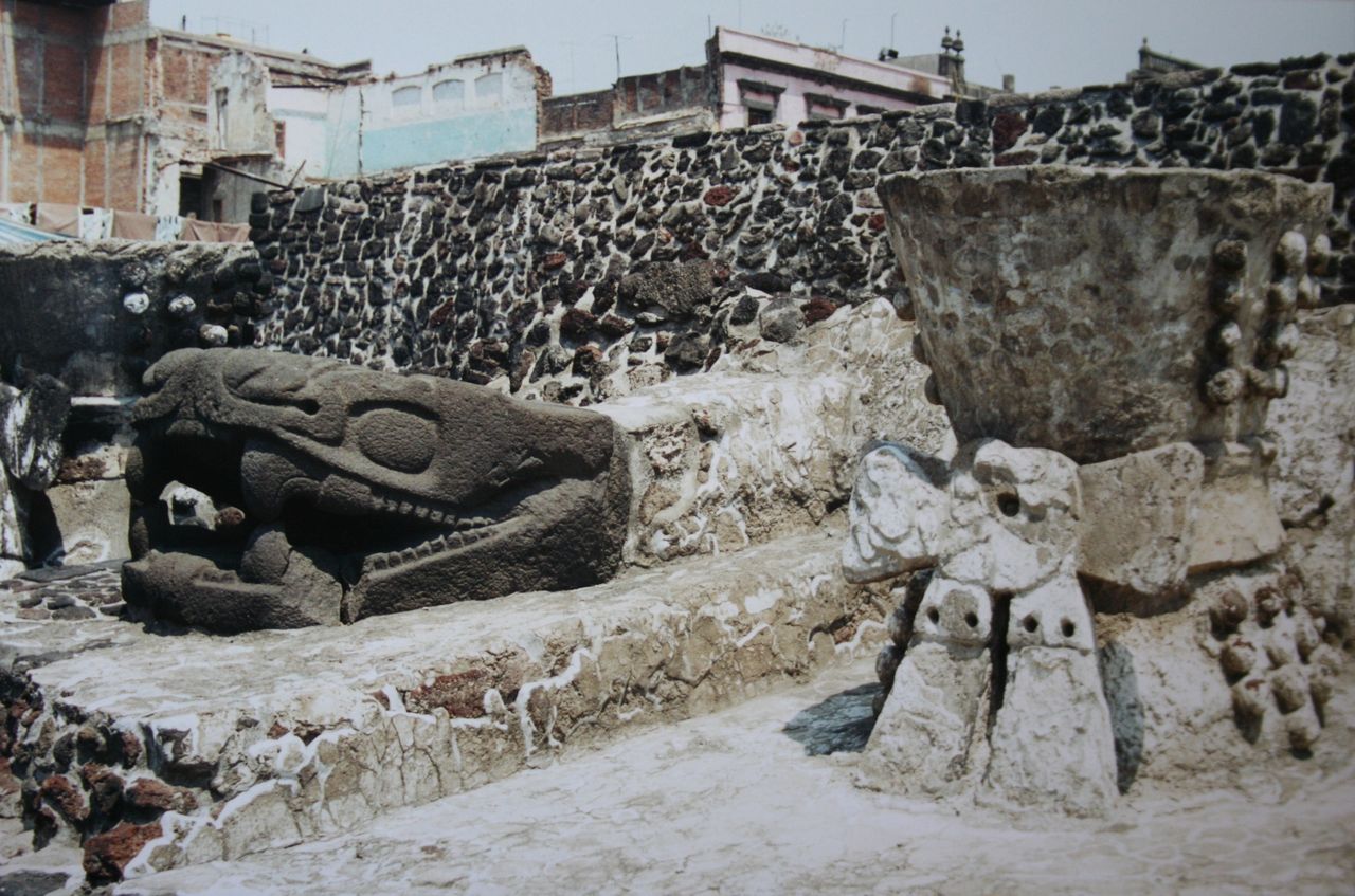  Serpent sculptures adorning the Aztec Templo Mayor (Great Temple) in Mexico City; the structure was rediscovered in 1978. Photos by Gary Todd from Xinzheng, China, CC0, via Wikimedia Commons.