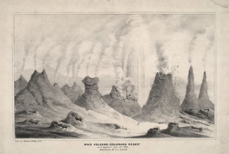 Mud Volcanoes in the Colorado Desert, part of the greater Sonoran Desert. 1857.