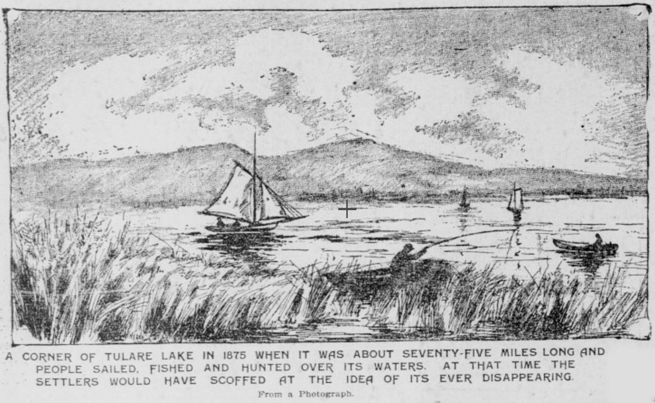 Tulare Lake, 1875. Originally published in the San Francisco Call, Volume 84, Number 75, p. 19. 14 August 1898. Hosted by California Digital Newspaper Collection, Center for Bibliographic Studies and Research, University of California, Riverside. Public domain, via Wikimedia Commons