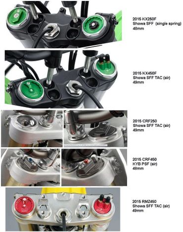Close-up views of motorcycle suspension forks from various 2015 models with different adjusters.