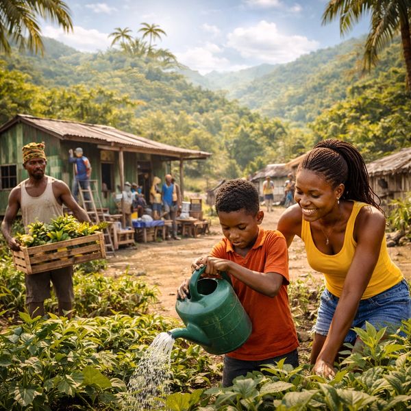 A boy waters plants with a woman smiling beside him in a lush garden.