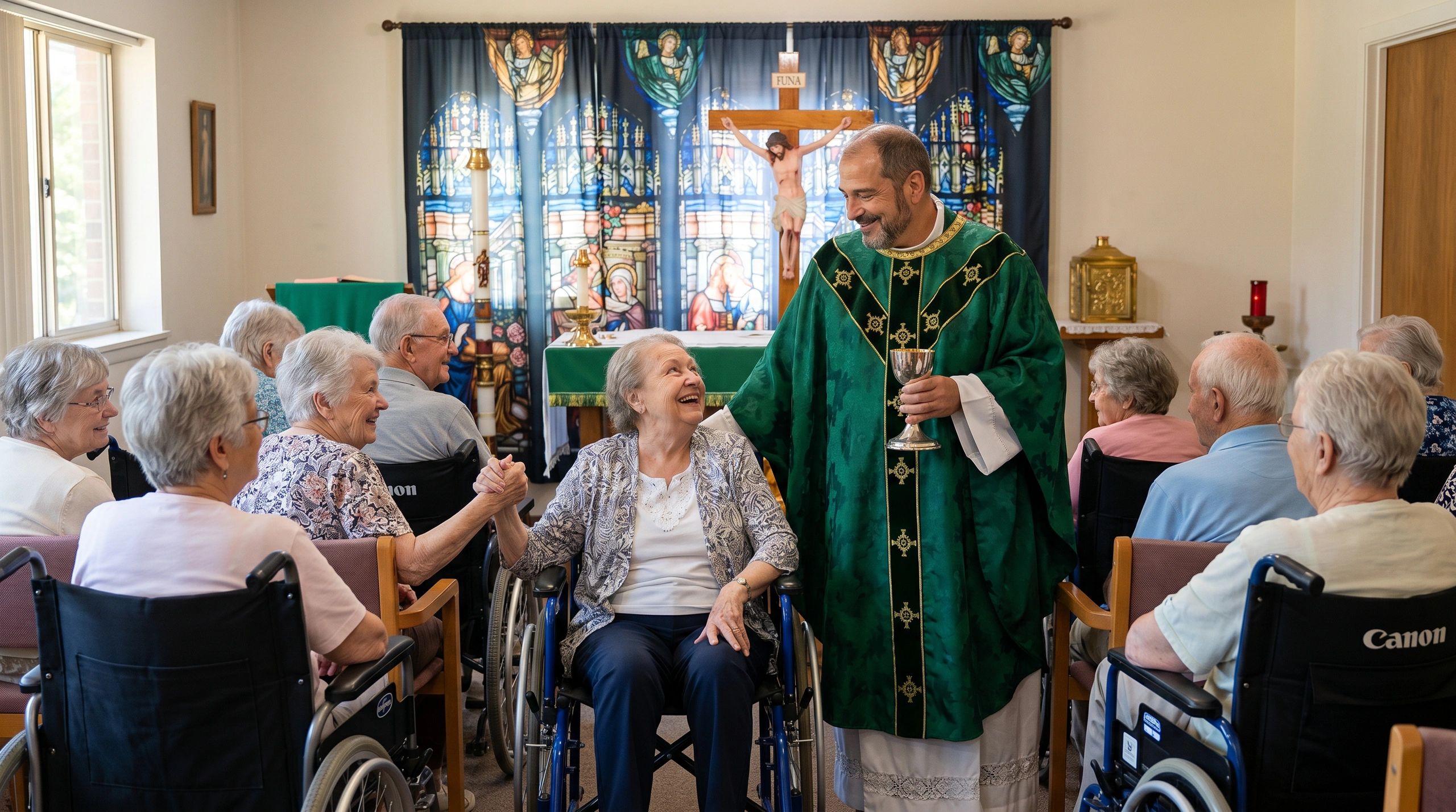 Nursing Home residents gather in a facility chapel with Fr. Michael, engaging in Holy Communion. 