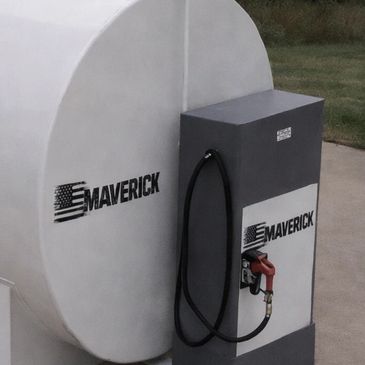 Large white tank with 'Maverick' and an American flag logo on its side.