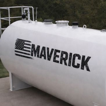 Large white tank with 'Maverick' and an American flag logo on its side.