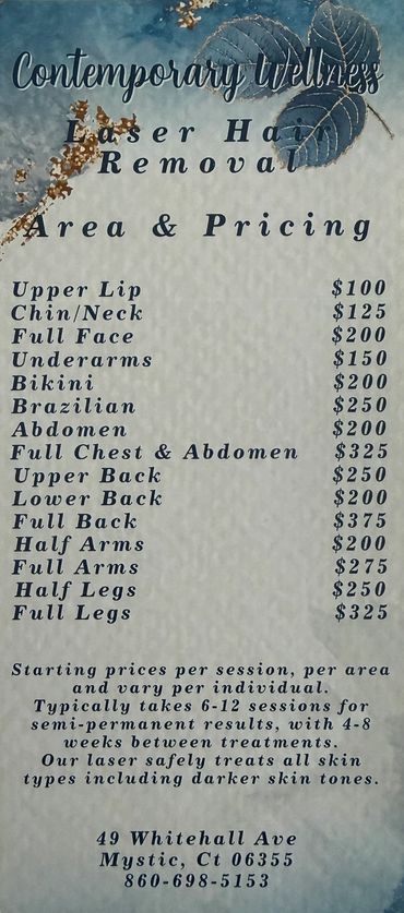 Laser hair removal pricing list for various body areas.