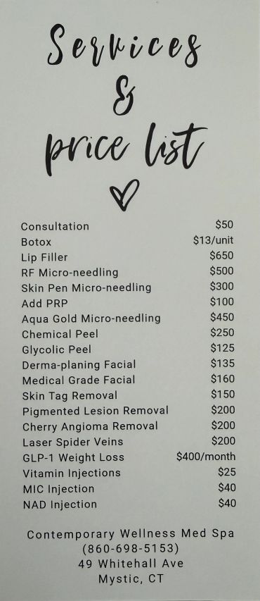 Price list for wellness med spa services including Botox, facials, and injections.