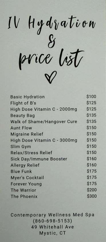 Price list for IV hydration treatments at Contemporary Wellness Med Spa in Mystic, CT.
