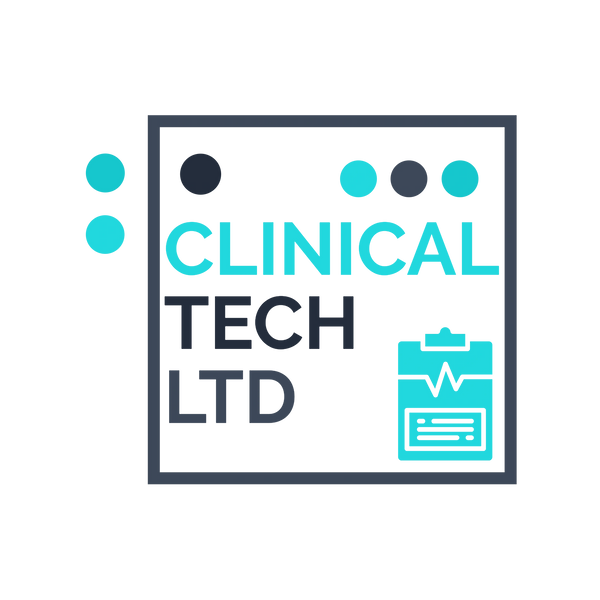 Logo for Clinical Tech Ltd with medical clipboard icon and modern dots design.