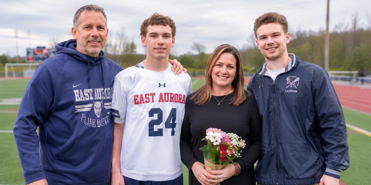 A happy family on a sports field, with a bouquet of flowers.