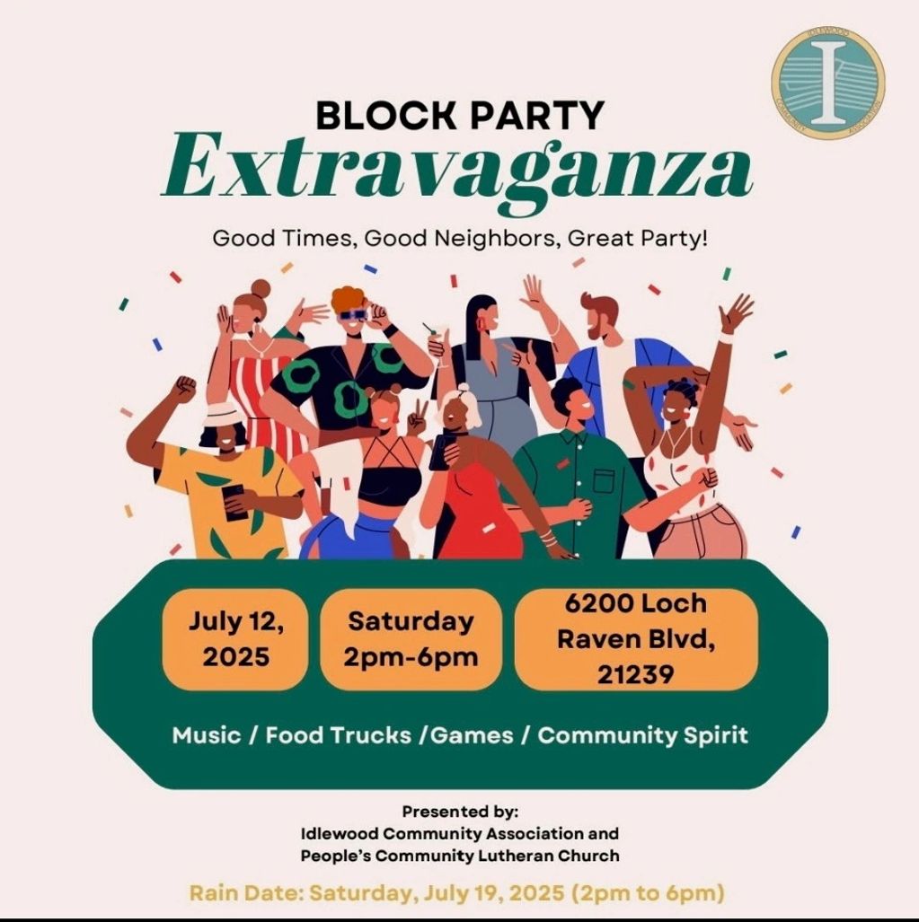 Block Party Extravaganza event with music, food, and games.