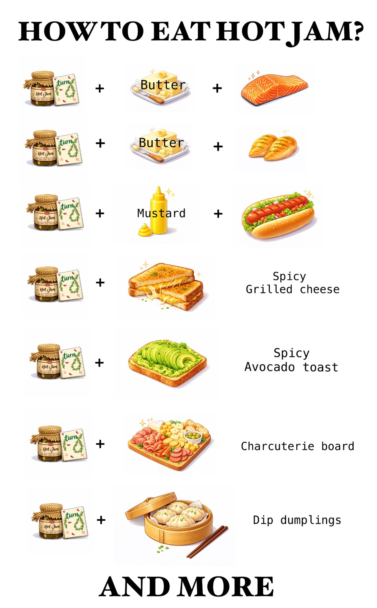 Jam paired with buttery, mustard, cheese, avocado, charcuterie, and dumplings dishes.