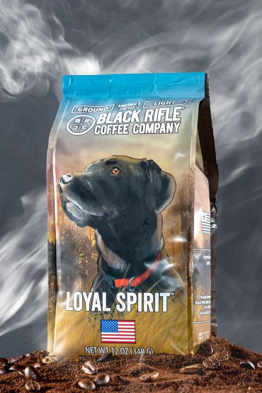 Coffee bag with black dog illustration and American flag.
