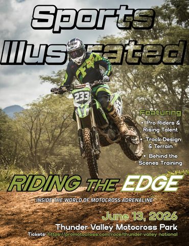 Motocross rider jumps high on dirt track for Sports Illustrated cover.