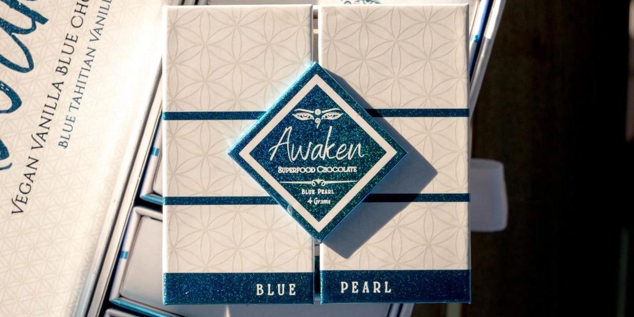 Authentic Awaken Mushroom Chocolates Blue Pearl vegan white chocolate with botanicals and superfoods