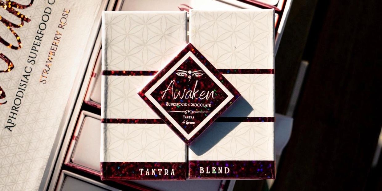 Authentic Awaken Mushroom Chocolates Tantra strawberry rose vegan chocolate with botanicals.
