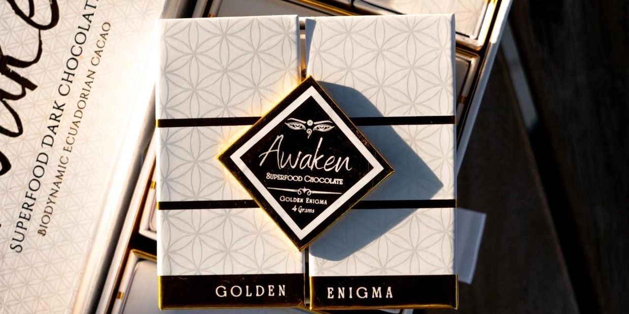 Authentic Awaken Mushroom Chocolates Golden Enigma dark chocolate crafted with adaptogens and superf