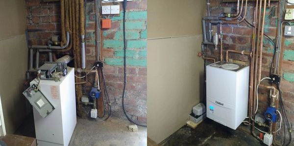 Before and after images of a boiler installation in a brick-walled utility room.